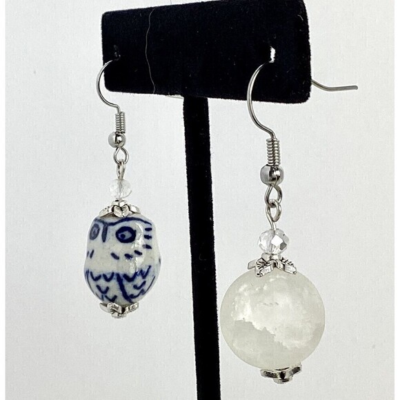 Night Owl Ceramic Bird Crackle Quartz Moon Dangle Earrings - Picture 6 of 7
